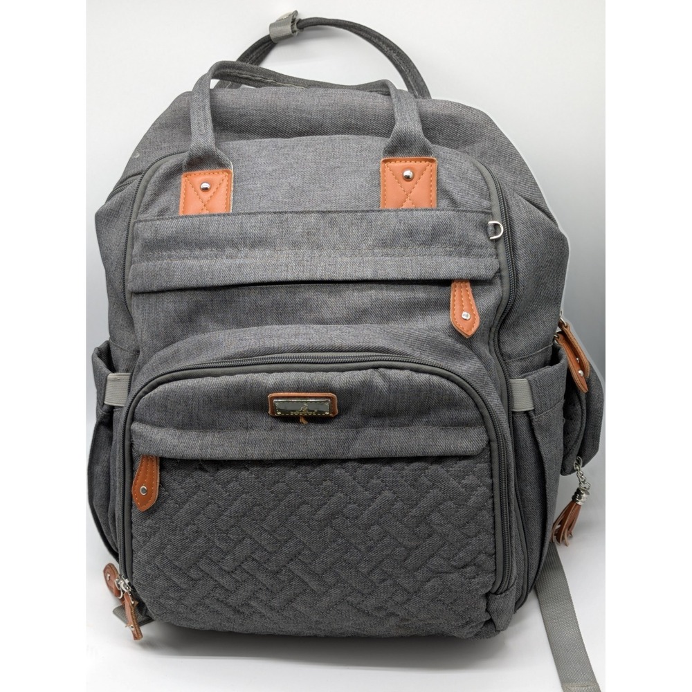 BabbleRoo Gray Diaper Bag Backpack Changing Pad Pacifier Case Multi Pocket Baby